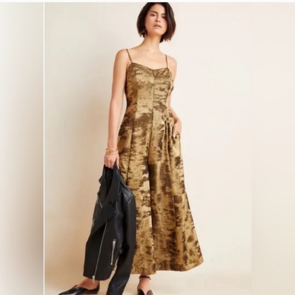 Anthropologie Erika Wide Leg Jumpsuit 2 Metallic Pewter Cropped Pockets Zip